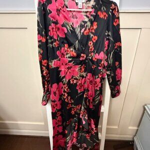 Women's Floral Wrap Midi Dress Black Pink Long Sleeve Boho Feminine SIZE Small